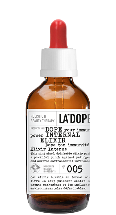 LA'DOPE bottle labeled DOPE INTERNAL ELIXIR, HOLISTIC HT BEAUTY THERAPY; MADE WITH ORGANIC INGREDIENTS; No 005