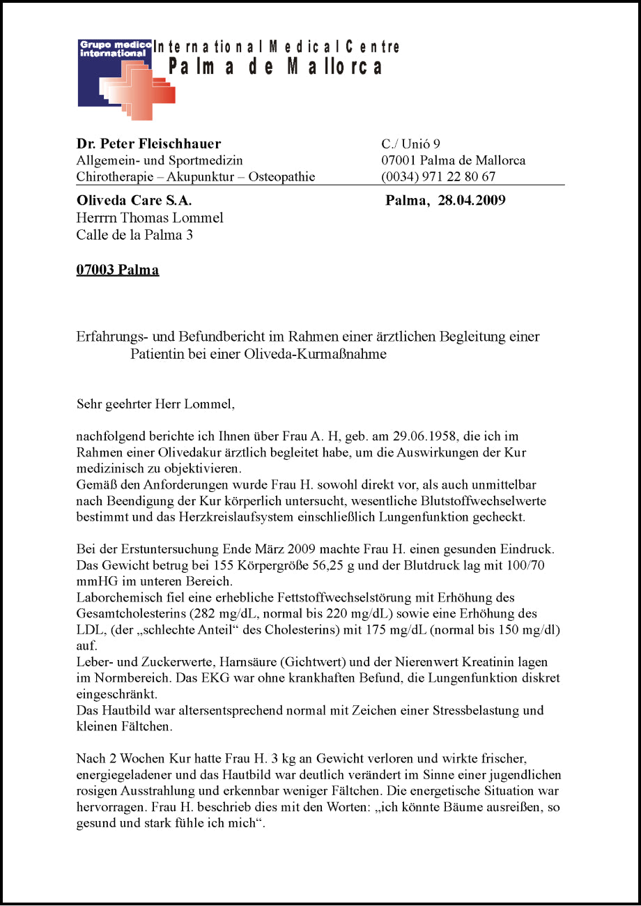 Letterhead: International Medical Centre Palma de Mallorca — Dr. Peter Fleischhauer. Medical report dated Palma, 28.04.2009 to Thomas Lommel.