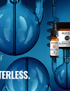 Banner showing headline The future of beauty is waterless and Oliveda eye products against blue lab glassware