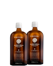 Cargar imagen en el visor de la galería, Front view of two amber Oliveda bottles (I66, I70) labeled Beauty Fountain (collagen) and Beauty Molecule (hyaluron)