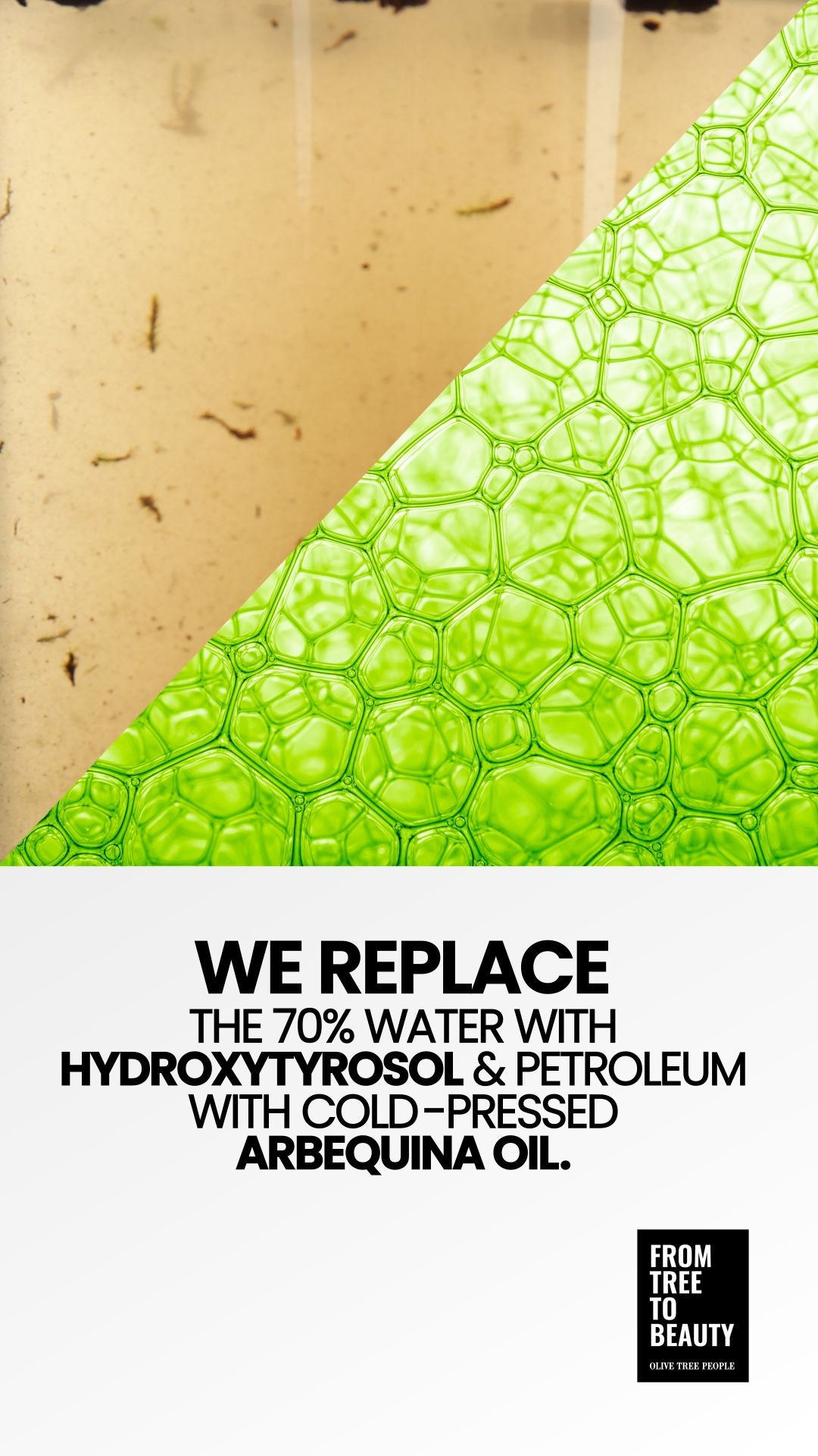 Poster showing headline 'We replace the 70% water with hydroxytyrosol & petroleum with cold-pressed Arbequina oil' over split dirty water and green foam