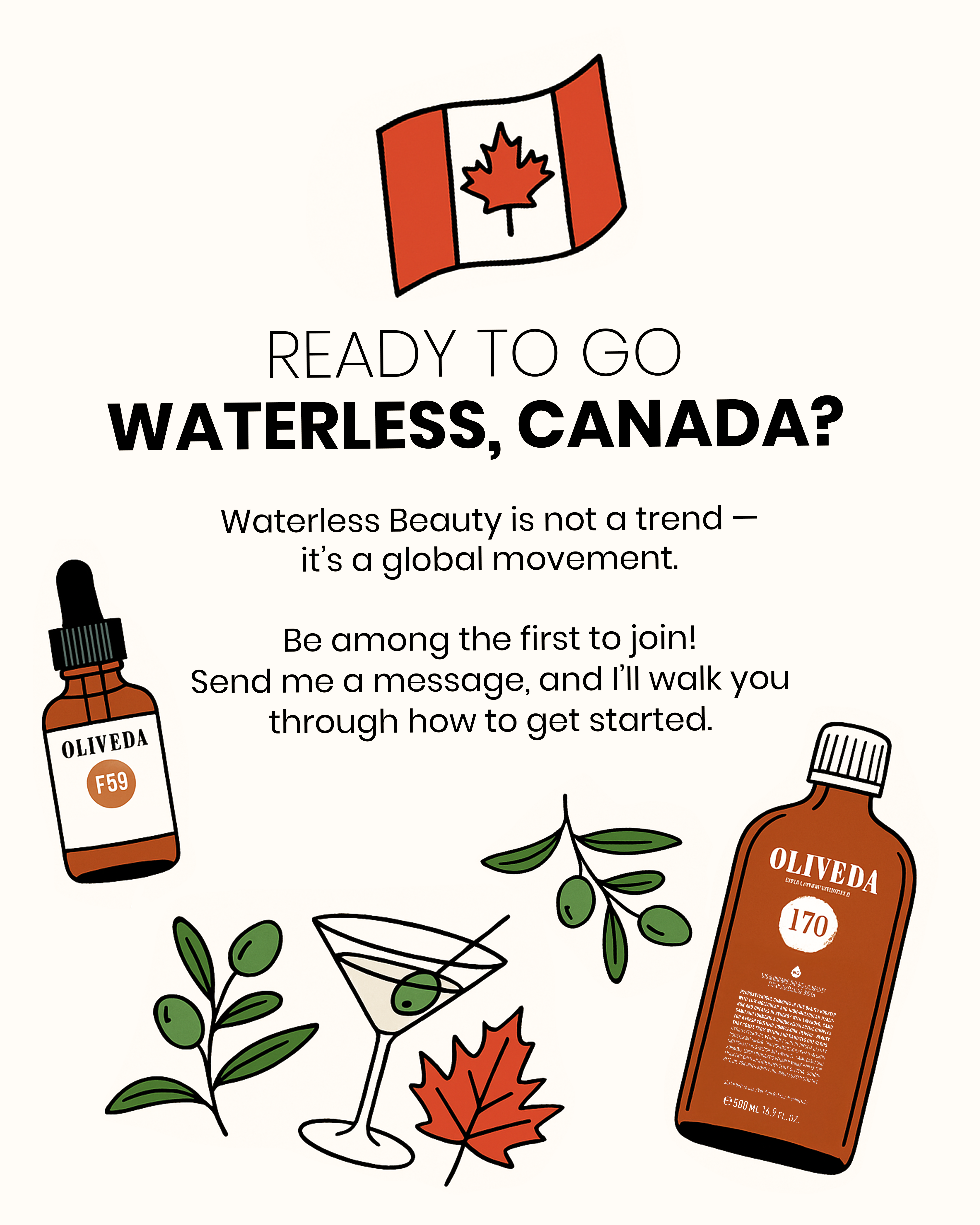 Promotional poster showing an invitation for Canadians to try waterless beauty with Oliveda products