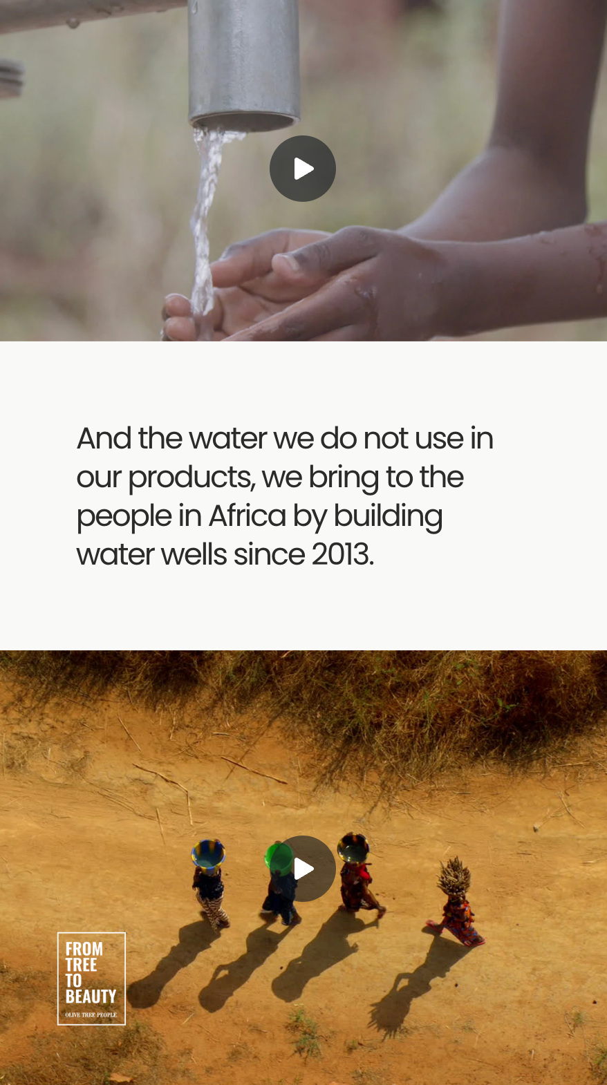 Hands catching water from a metal tap, overlaid headline about bringing unused product water to people in Africa since 2013