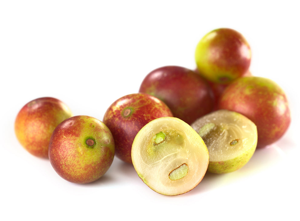 Small round red-green berries, two halved to show pale translucent interior and exposed seeds
