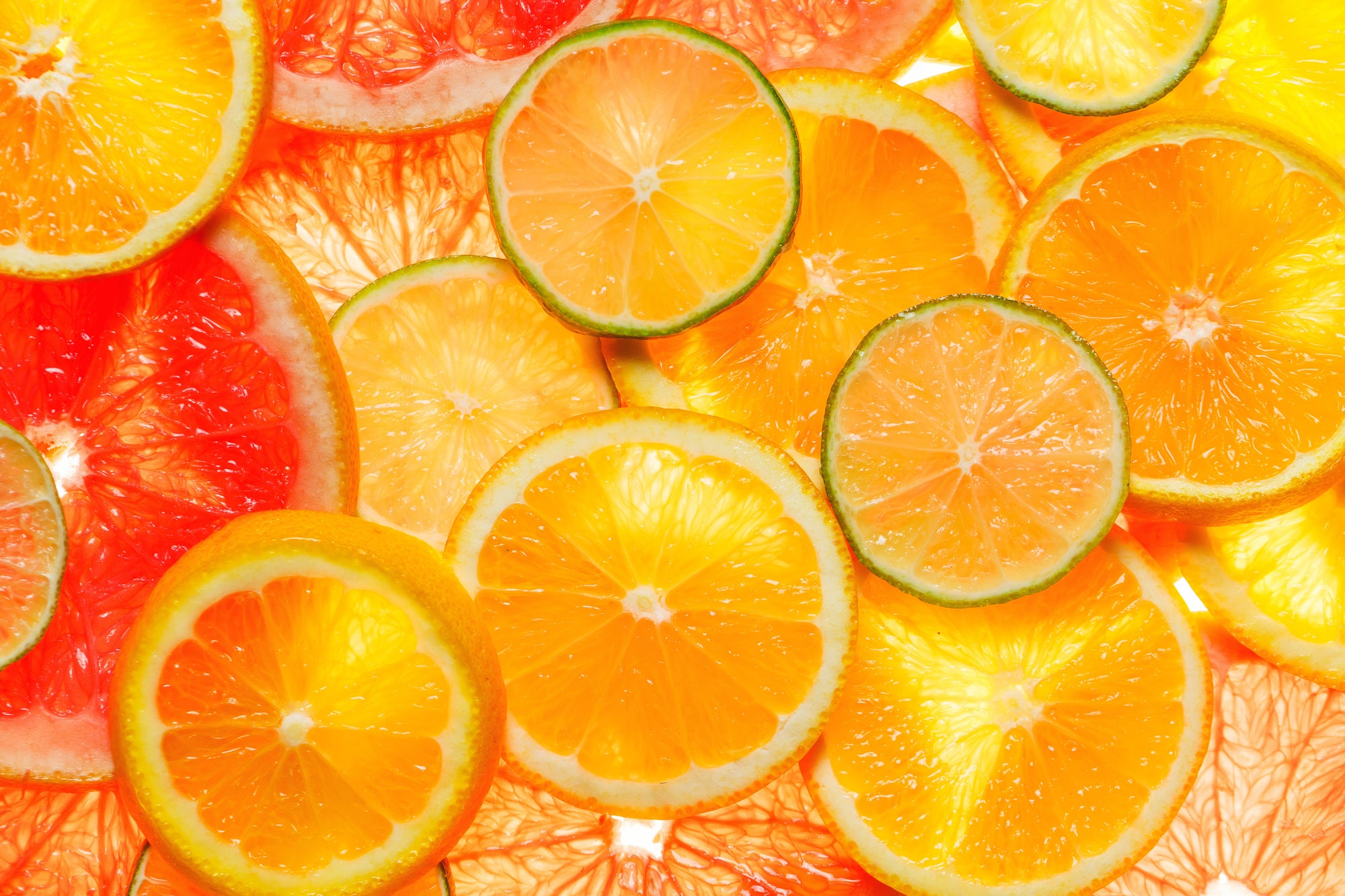 Overlapping backlit citrus slices — oranges, grapefruit, and limes showing translucent segments and rinds.