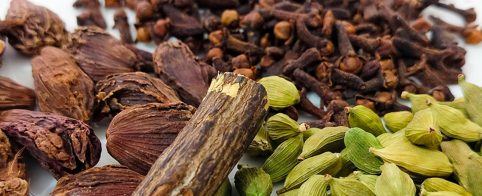 Close-up of whole green cardamom pods, cloves, black cardamom and a broken cinnamon stick on a white plate.