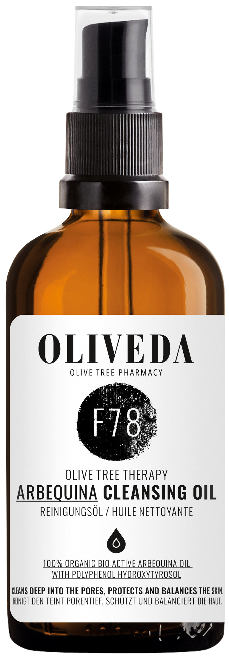 Front view of Oliveda F78 Arbequina Cleansing Oil 100 ml bottle with pump, amber glass and white label on white background