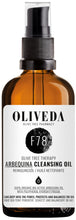 Load image into Gallery viewer, Front view of Oliveda F78 Arbequina Cleansing Oil 100 ml bottle with pump, amber glass and white label on white background