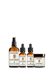 Load image into Gallery viewer, Set Corrective de OLIVEDA: gel limpiador, suero, elixir y crema en frascos ámbar con gotero y bomba sobre fondo blanco