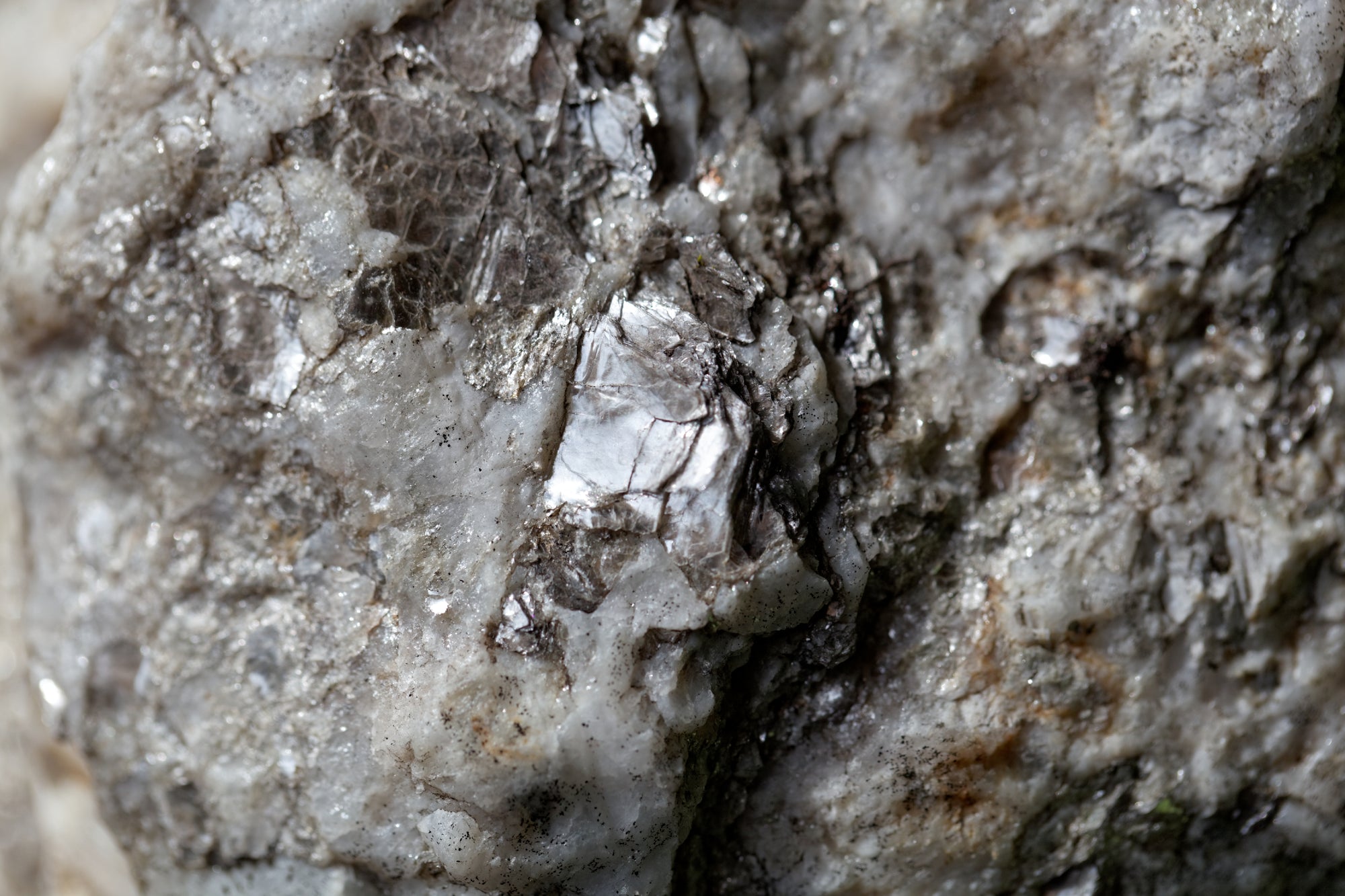 Macro view of mica-rich rock with silver flaky minerals embedded in white quartz