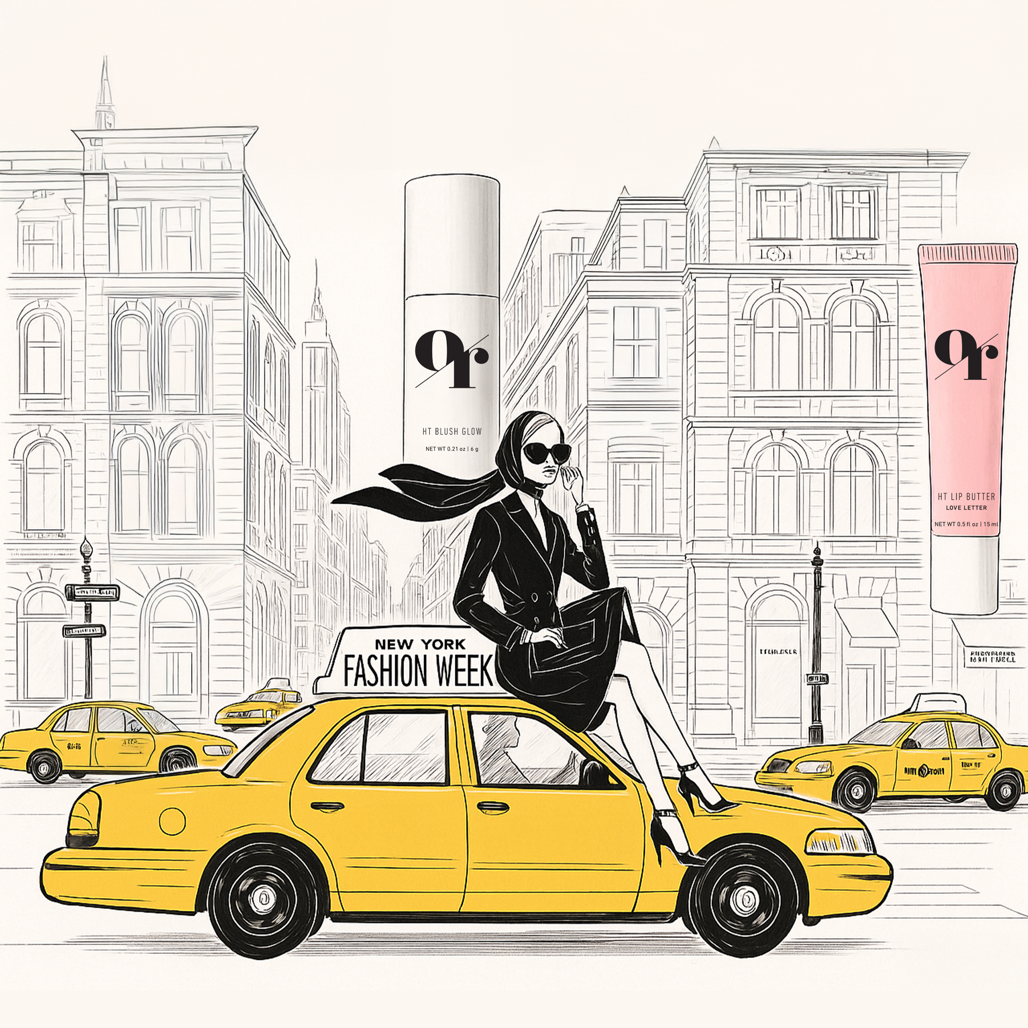 Woman in headscarf on yellow taxi with NEW YORK FASHION WEEK sign; tubes labeled 9r, HT BLUSH GLOW, HT LIP BUTTER LOVE LETTER