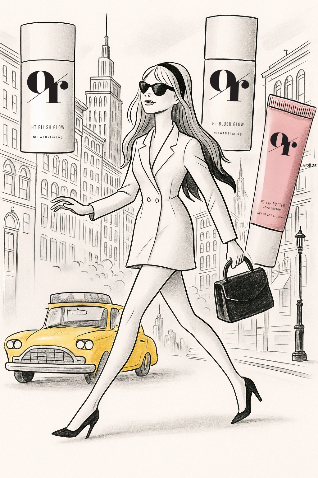 Woman crossing NYC with yellow taxi and floating products labeled HT BLUSH GLOW and HT LIP BUTTER LOVE LETTER
