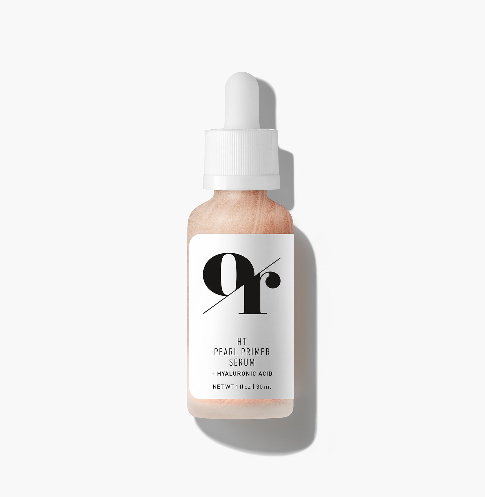 Front view of HT Pearl Primer Serum showing pearlescent liquid and hyaluronic acid label on white background