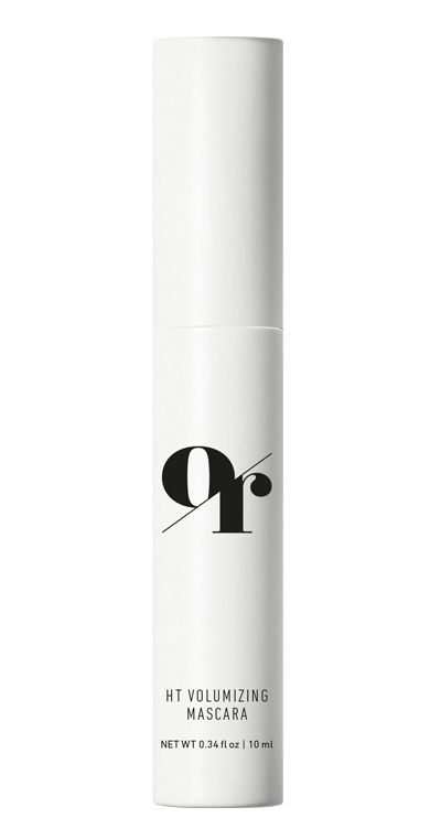 Front view of HT Volumizing Mascara tube showing white packaging, stylized OR logo, and 0.34 fl oz label on white background