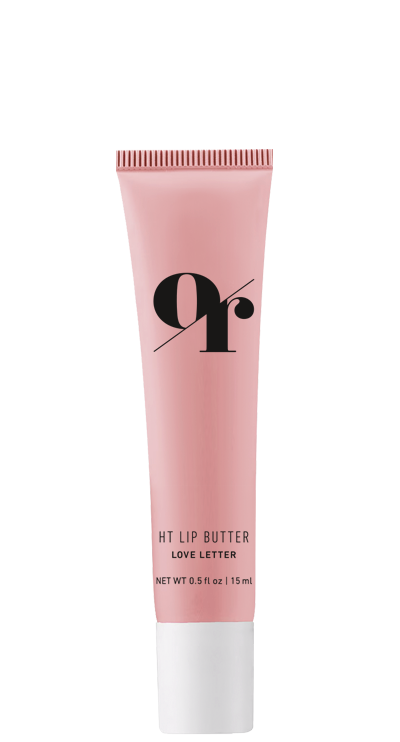 Front view of HT Lip Butter tube Love Letter 0.5 fl oz showcasing pink packaging and black or logo on white background