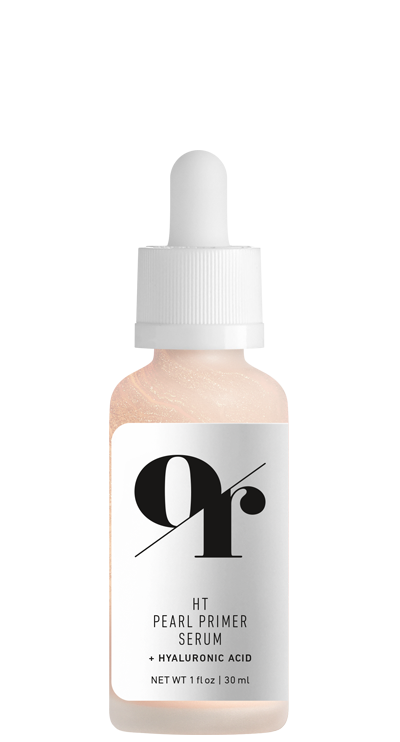 Front view of HT Pearl Primer Serum dropper bottle showing pearlescent primer with hyaluronic acid on white background