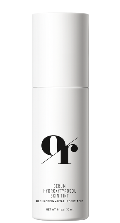 Front view of Serum Hydroxytyrosol Skin Tint bottle showcasing minimalist white packaging and black 'or' logo on white background