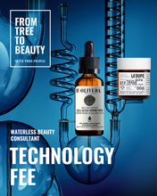 Load image into Gallery viewer, Banner stating Technology Fee for Waterless Beauty Consultant with serum and cream on blue lab glass background