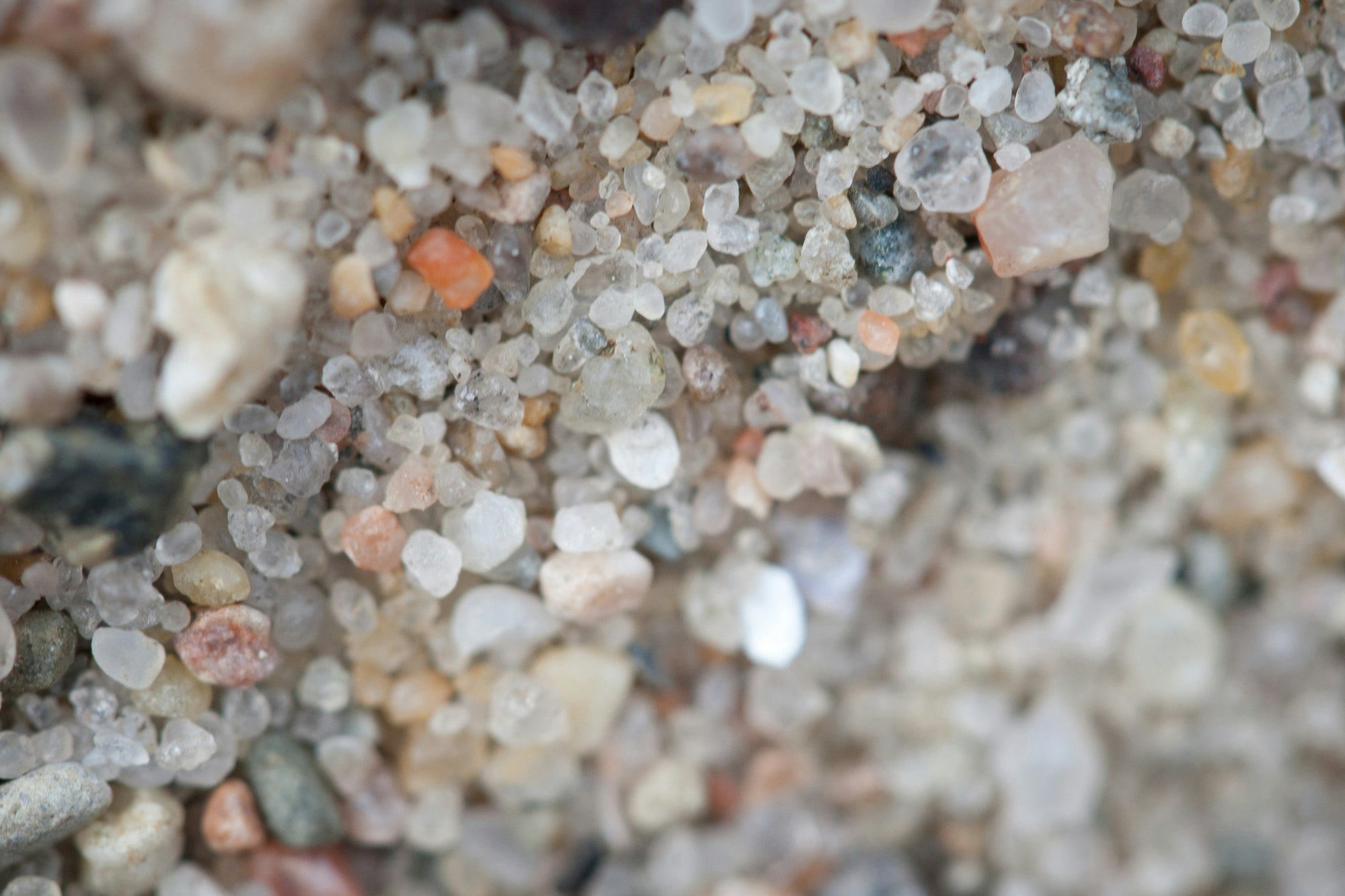 Close-up macro of coarse beach sand with translucent, white and pink quartz and small pebbles