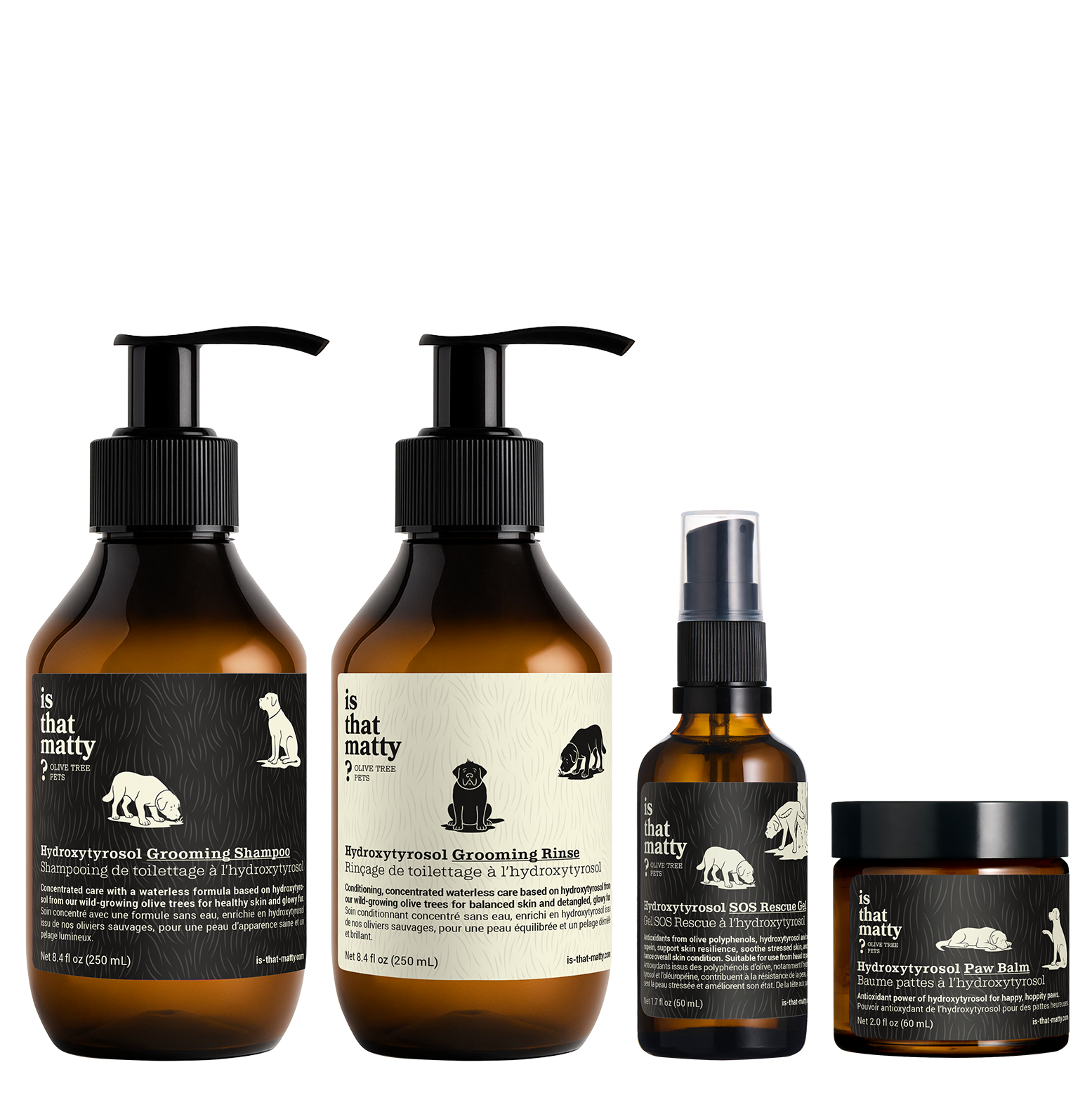 Front view of Is That Matty set with hydroxytyrosol shampoo, rinse, SOS rescue gel, and paw balm on transparent background