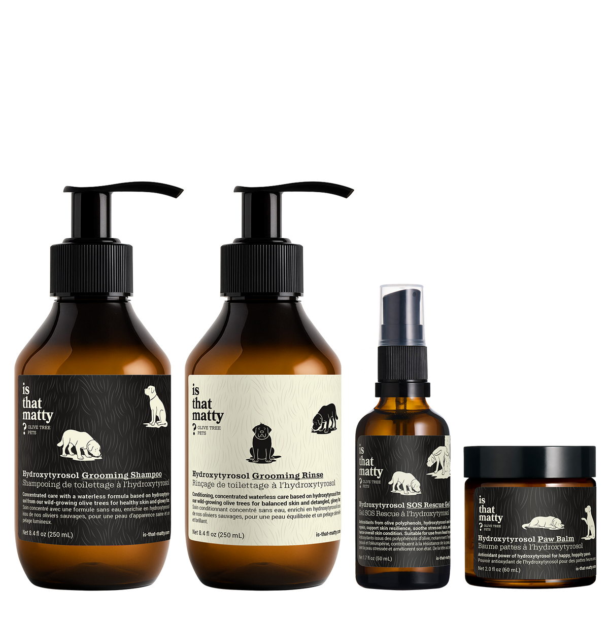 Front view of Is That Matty set with hydroxytyrosol shampoo, rinse, SOS rescue gel, and paw balm on transparent background