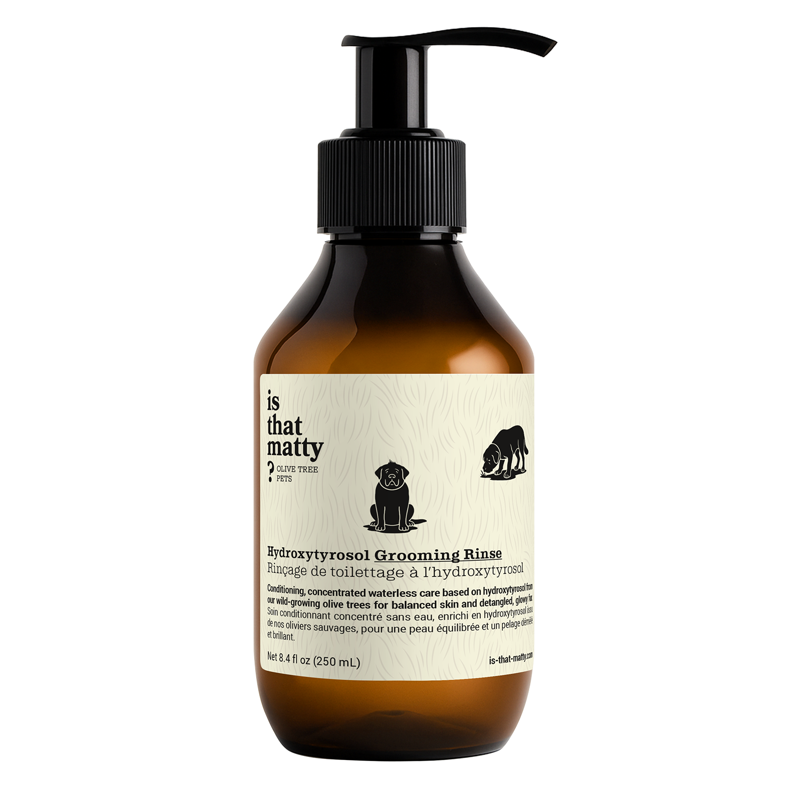 Front view of Hydroxytyrosol Grooming Rinse, 8.4 fl oz amber pump bottle with cream label
