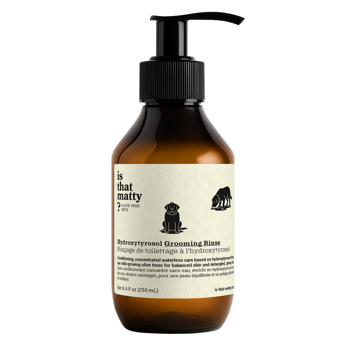 Front view of Hydroxytyrosol Grooming Rinse, 8.4 fl oz amber pump bottle with cream label