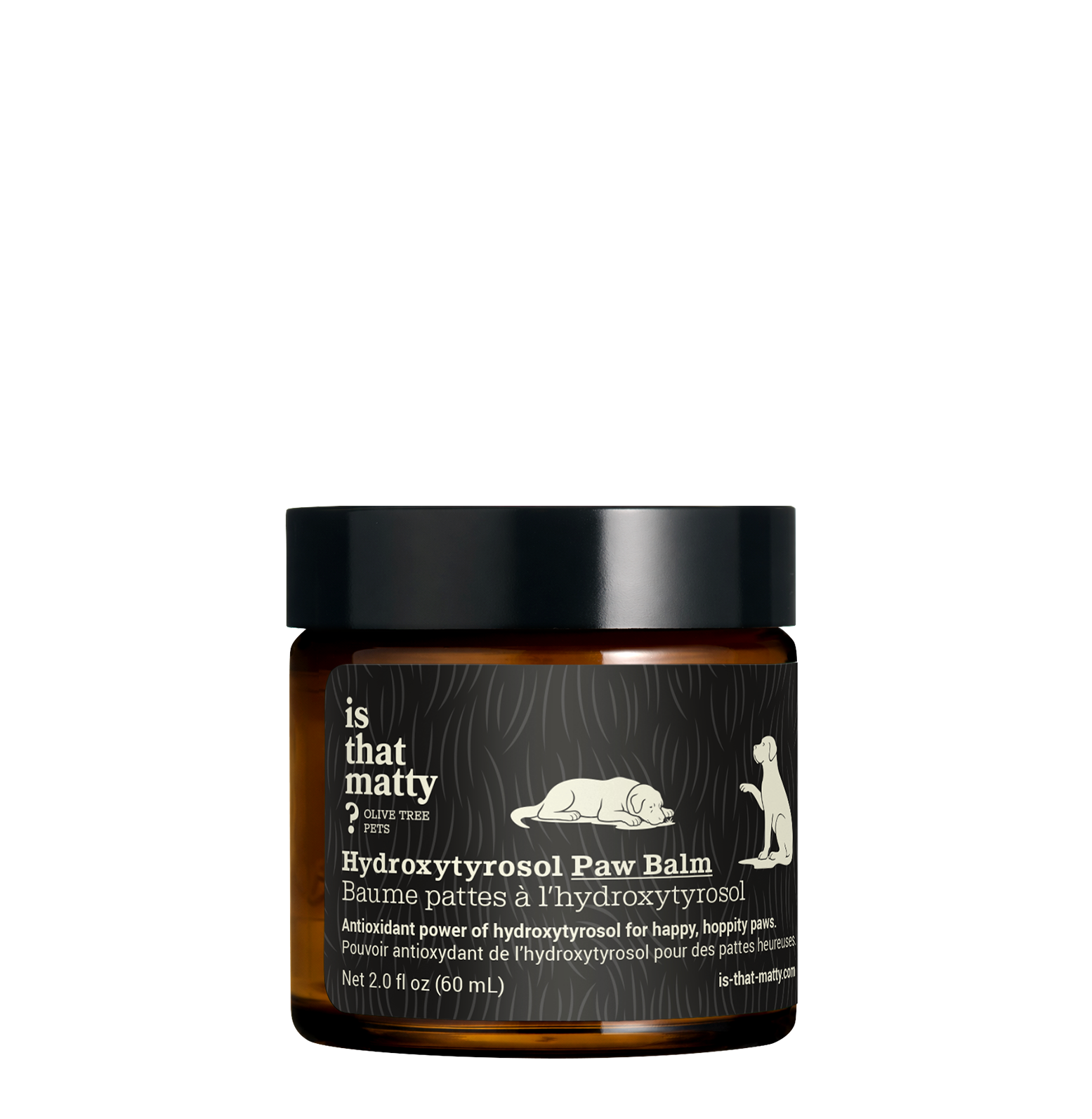 Front view of Hydroxytyrosol Paw Balm in an amber jar with black lid on a transparent background