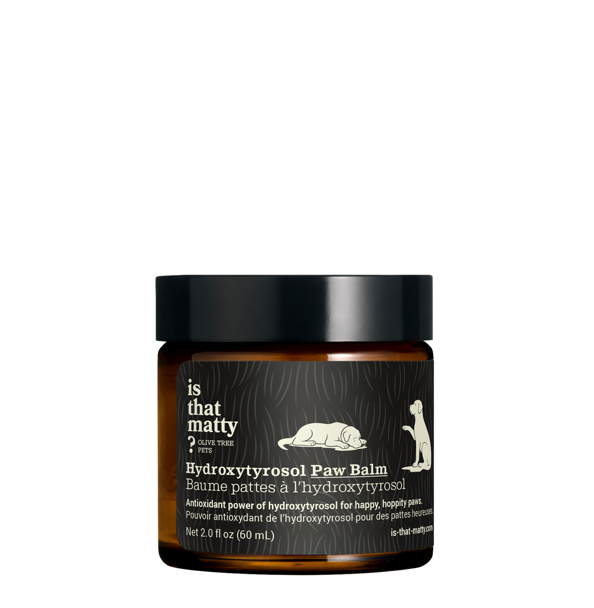 Front view of Hydroxytyrosol Paw Balm in an amber jar with black lid on a transparent background