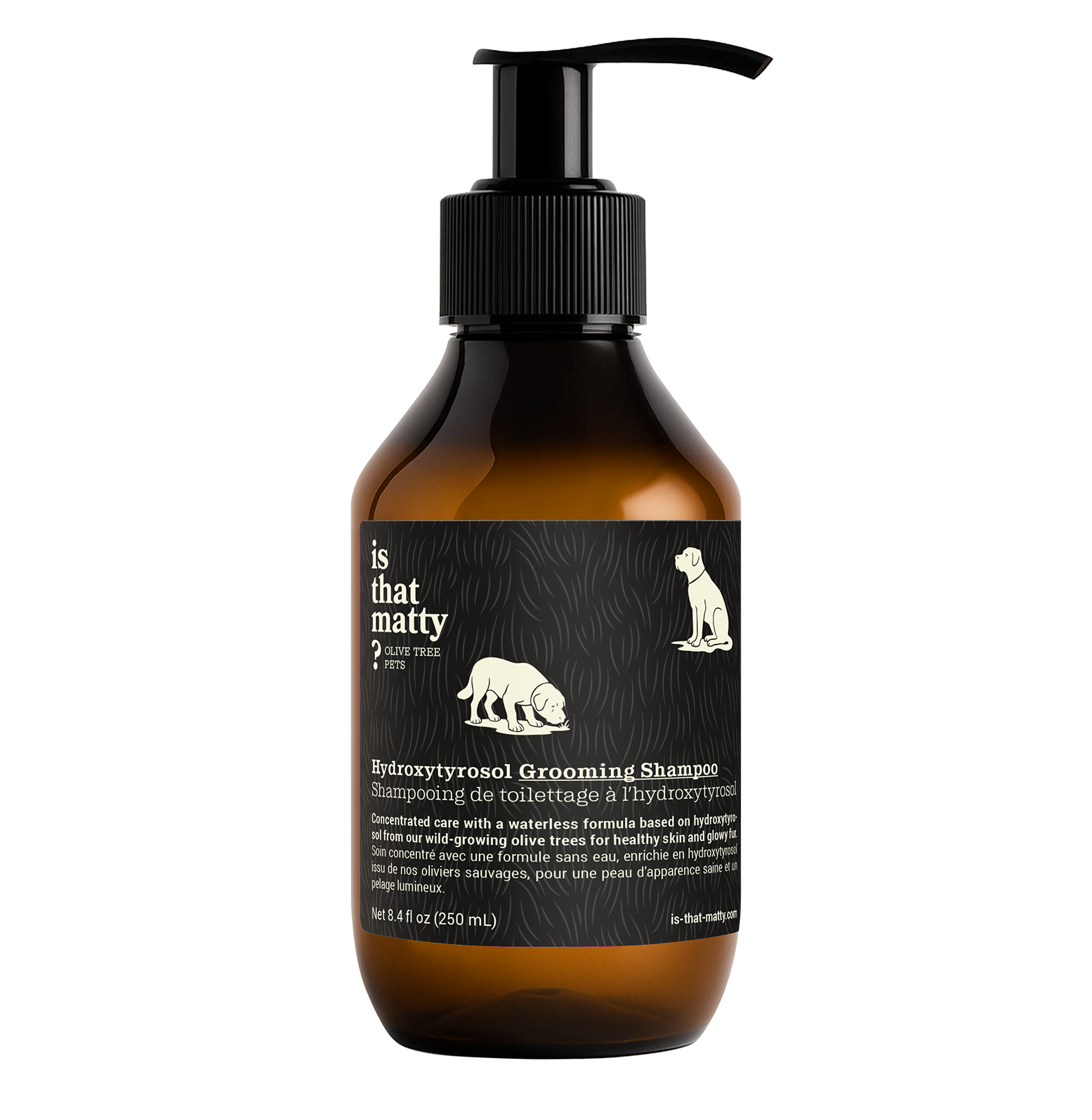 Front view of Hydroxytyrosol Grooming Shampoo showcasing its amber pump bottle with black label on a transparent background