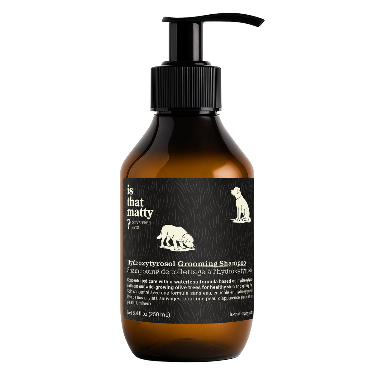 Front view of Hydroxytyrosol Grooming Shampoo showcasing its amber pump bottle with black label on a transparent background