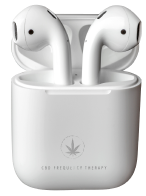 White wireless earbuds in case with cannabis leaf logo and text 'CBD FREQUENCY THERAPY'