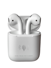 White wireless earbuds in open charging case with small logo on front.