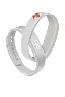 Gray fitness-tracker wristband with copper button and adjustable strap