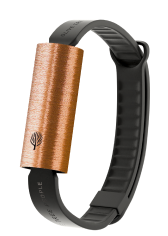 Black silicone activity bracelet with copper brushed-metal removable sensor housing stamped with a leaf logo