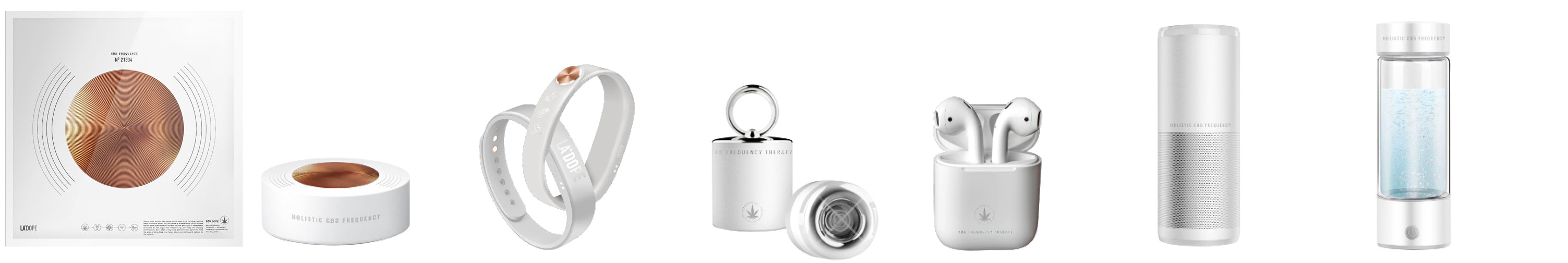 White wellness kit: round patch and base, two wristbands, small pod, earbud case, tall diffuser, and bubbling water bottle.