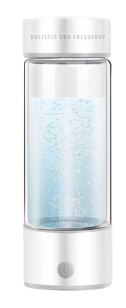Clear glass bottle with blue bubbling liquid, white top labeled 'HOLISTIC CBD FREQUENCY' and base power button.