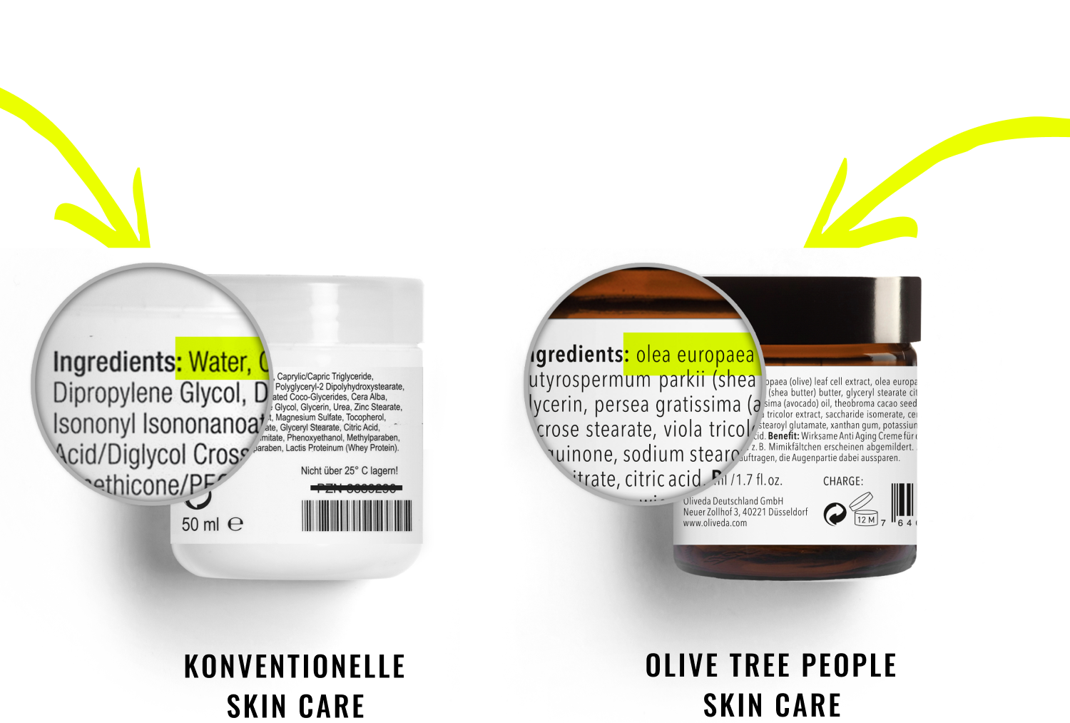 Two skincare jars with magnified ingredient labels: left highlights 'Ingredients: Water', right highlights 'Ingredients: olea europaea'.