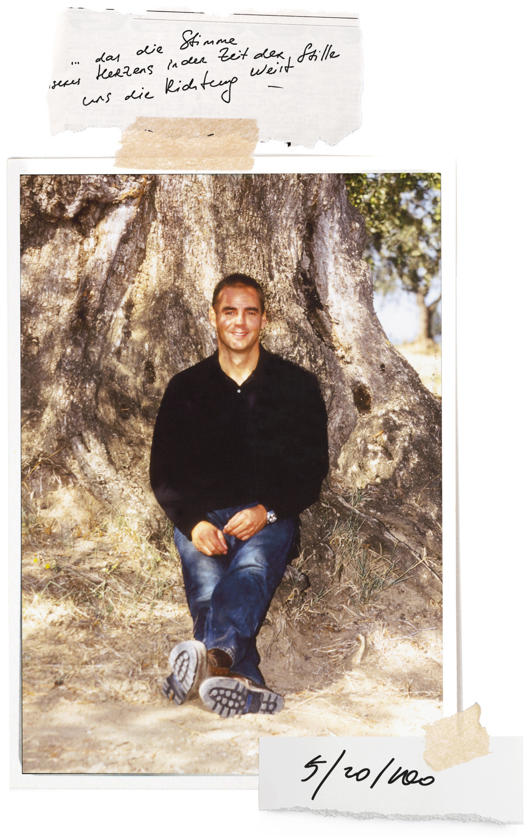 Man seated by tree; notes read '... das die Stimme meines Herzens in der Zeit der Stille uns die Richtung weist' '5/20/1000'