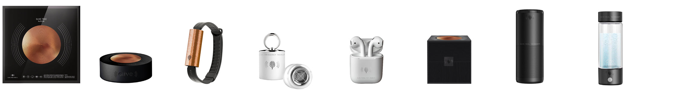 OLIVE TREE lineup with olive-branded devices: box, pod, wearable band, frequency pendant, earbuds, cube speaker, travel bottle.