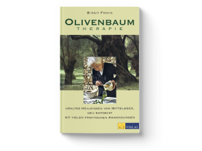 German book cover 'OLIVENBAUM THERAPIE' showing a person pouring olive oil beneath olive trees; publisher AT VERLAG.