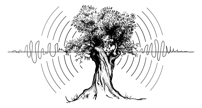 Gnarled tree sketch with concentric soundwave rings and a horizontal audio waveform crossing the trunk.