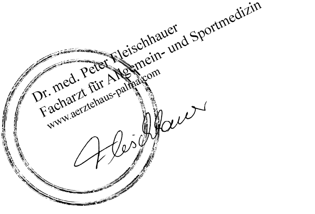 Doctor stamp and signature: Dr. med. Peter Fleischhauer; Facharzt für Allgemein- und Sportmedizin; www.aerztehaus-palmacom