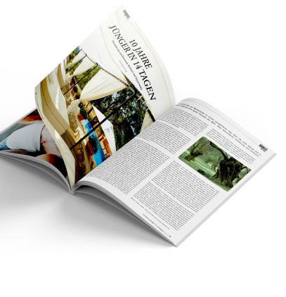 Open magazine spread with photos and article; visible headline reads 10 JAHRE JÜNGER IN 14 TAGEN.