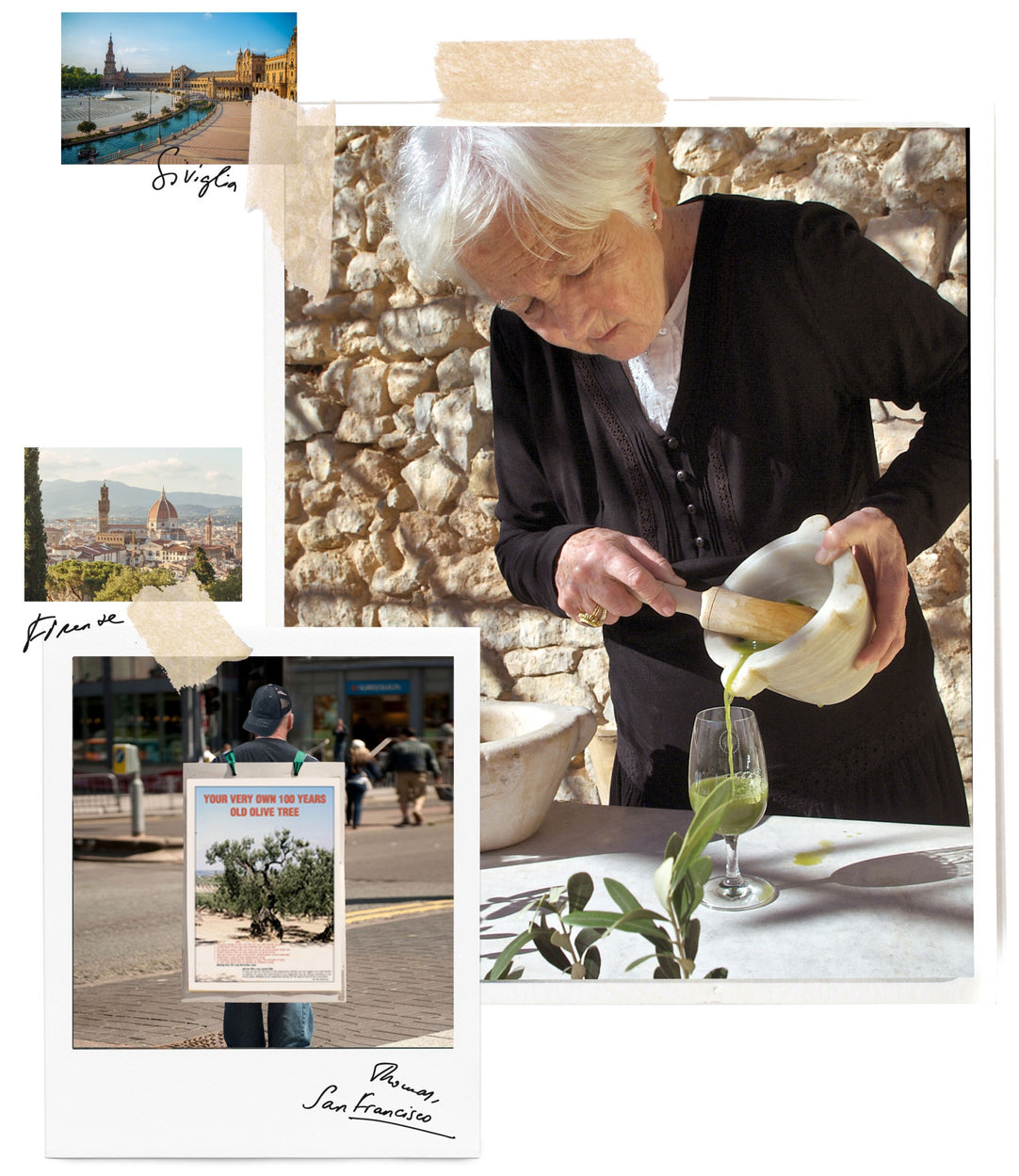 Elderly woman pouring green olive oil; collage includes 'Sevilla', 'Firenze' and ad 'YOUR VERY OWN 100 YEARS OLD OLIVE TREE'